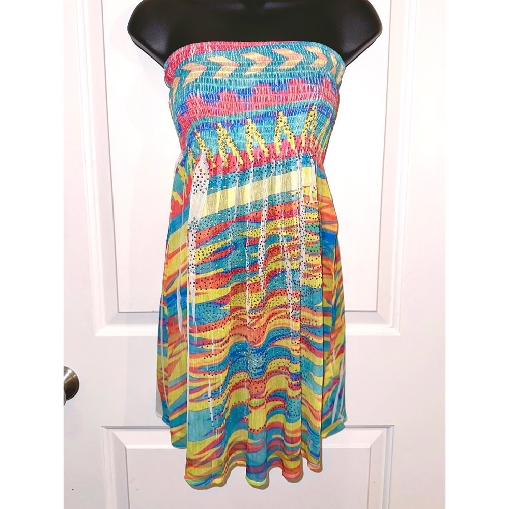 S-12 colorful strapless dress embellished with rhinestones